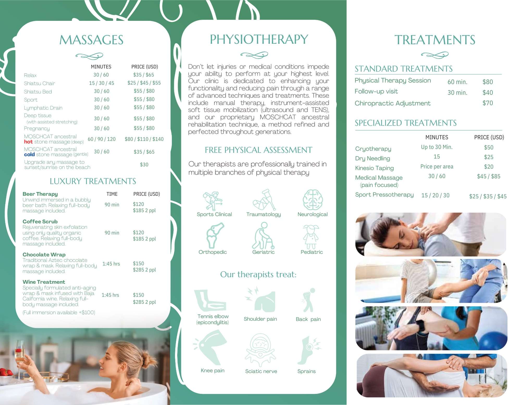 Pricing on massage, physiotherapy, and luxury spa treatments